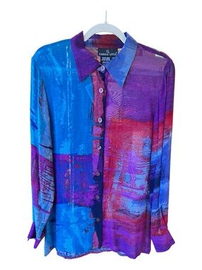 Carole Little Vintage 90s Sheer Abstract Art Print Blouse
